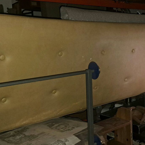 Three-seater sofa used with leatherette, corduroy fabric and metal legs