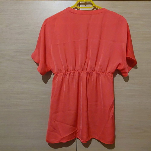 Coral satin-like blouse with V and rhinestones like new, size Medium