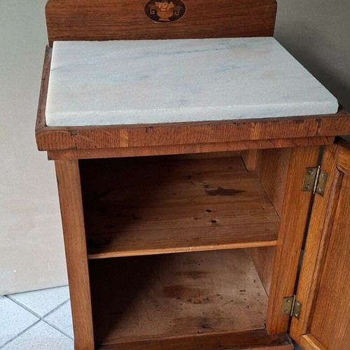 Bedside table made of oak wood with marquetry and marble top used