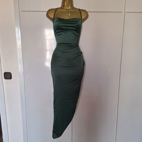 Green satin dress with cross back and slit, size medium