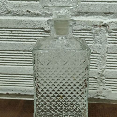 Vintage Glass Decanter with Embossed Geometric Design used