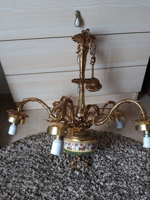 Vintage chandelier used, hanging ceiling light missing one globe