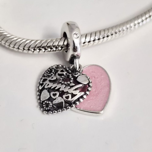 Pandora double heart family charm, new, pink and silver