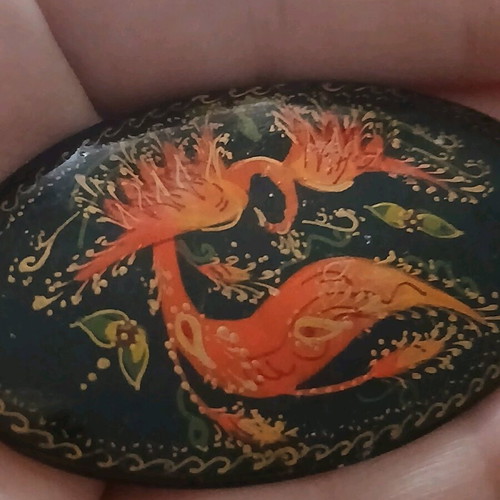 Handmade Russian brooch painted with signature on lacquer like new