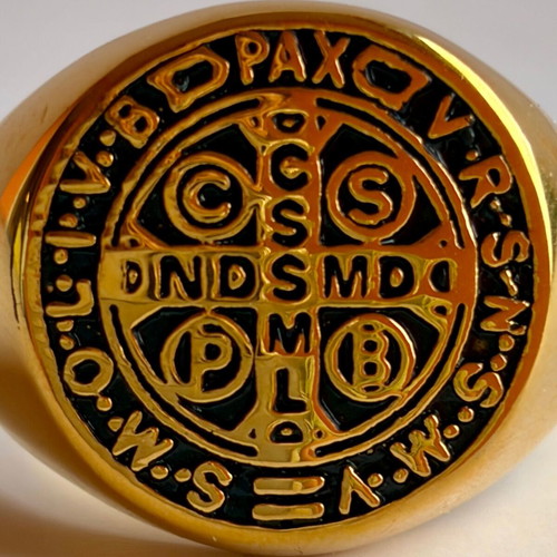 Saint Benedict Gold Signet Ring New, 316L Stainless Steel, US 12