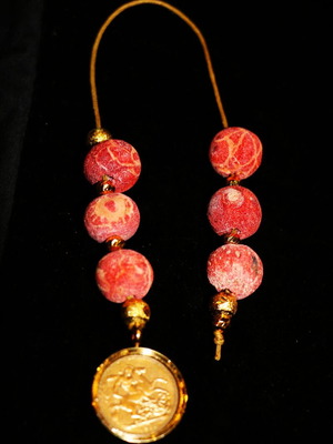 Begleri Indico Jewells handmade with 24K gold-plated English lira and coral beads