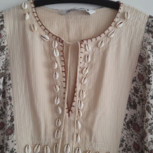 Zara summer cotton kaftan dress with decorative shells and tassels like new, size S