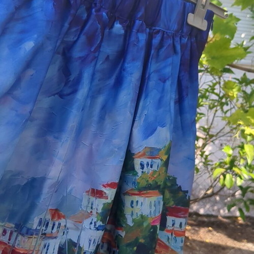 Midi skirt like new with Greek island digital print, satin fabric