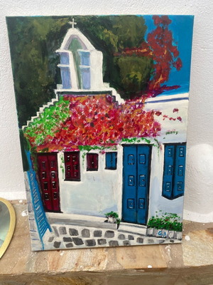 Handmade painting Cycladic landscape used, hand-painted on canvas