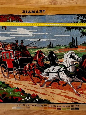 Diamant handmade embroidered textile painting with horses and carriage