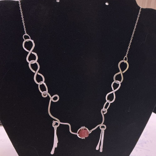 Necklace with strawberry quartz, non-tarnish metal, stainless steel chain