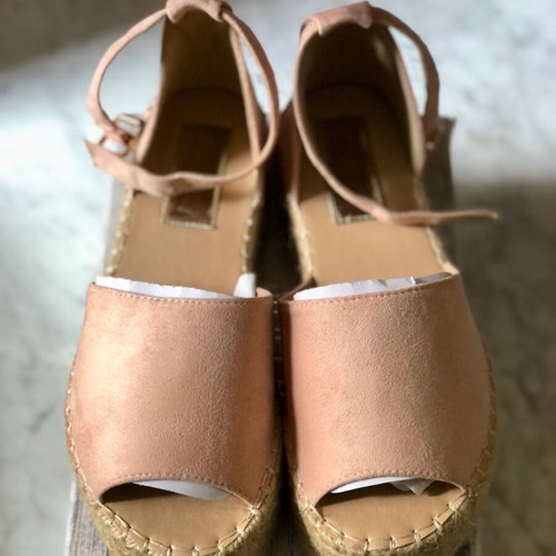 Pink suede platform espadrilles used with elastic ankle strap, size 39