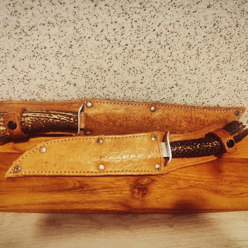 Hunting butcher knives, handmade, leather sheaths, set of 2