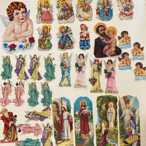 Vintage embossed religious and angelic paper scraps used collection '60s-'70s