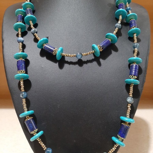 Necklace with Kyanite, Lapis Lazuli, Chaoite, Hematite in 925 Silver, Long