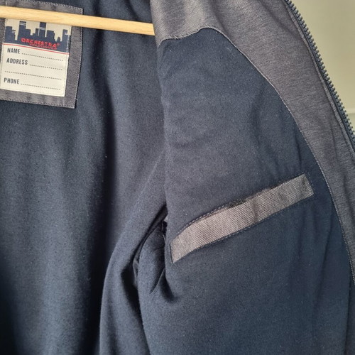 Orchestra bomber jacket with hood, denim look, size 164 cm