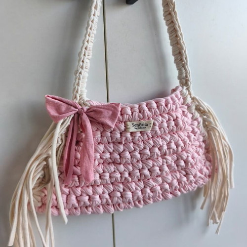 Handmade shoulder bag, combed cotton yarn, beige and pink, new