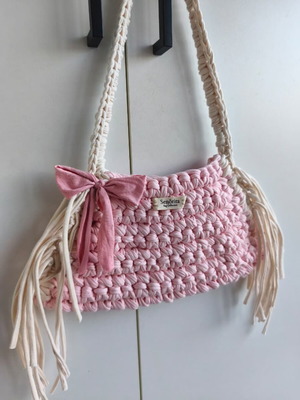 Handmade shoulder bag, combed cotton yarn, beige and pink, new