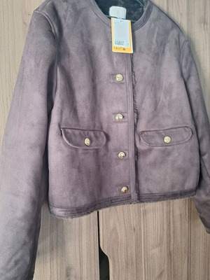 H&M Women's Jacket New Large Brown Suede Look With Fur Lining