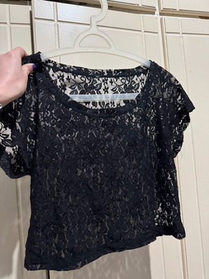 Black transparent lace blouse with floral design, like new, size Small