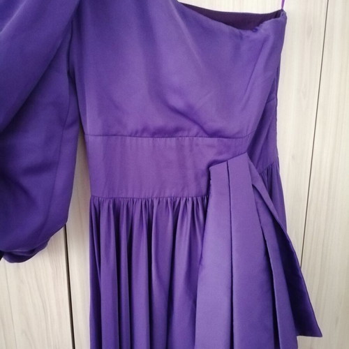 Actualee long purple evening dress XS with one shoulder and puff sleeve