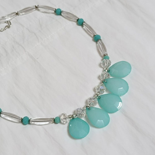 Handmade necklace with turquoise glass beads and acrylic drops