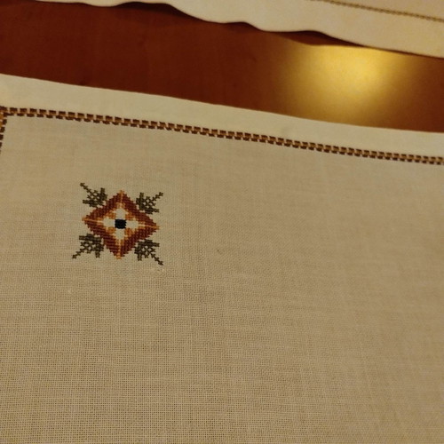 Vintage set of 3 table linens with handmade cross-stitch embroidery used
