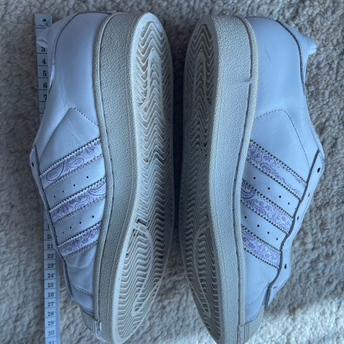 Adidas Superstar sneakers used, white with vintage stripe pattern, size 39