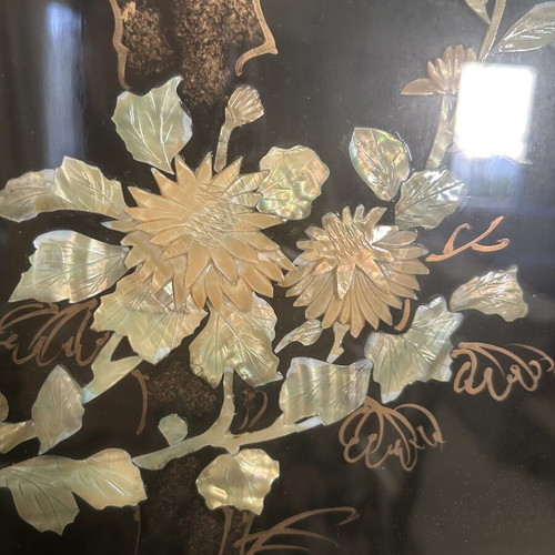 Vintage Chinese lacquer panel Birds & Flowers used decorative art