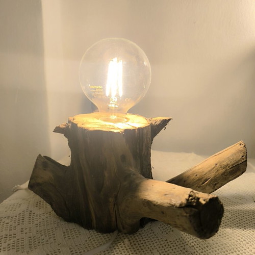 Handmade oak log table lamp with Edison bulb