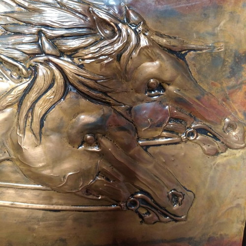 Copper painting signed by artist, two racehorses, like new
