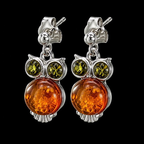 Amber Owl Earrings, Sterling Silver 925, Natural Baltic Amber