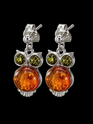 Amber Owl Earrings, Sterling Silver 925, Natural Baltic Amber