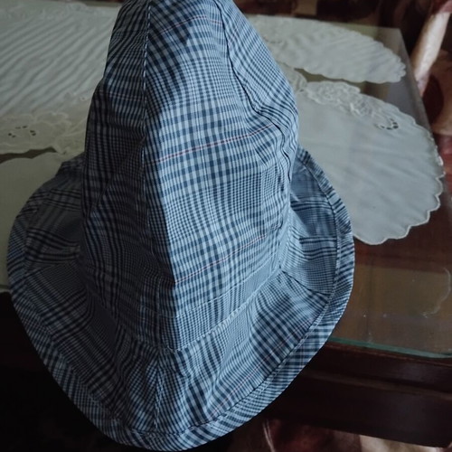 Children's bucket hat "идиотка" used, blue checkered cotton