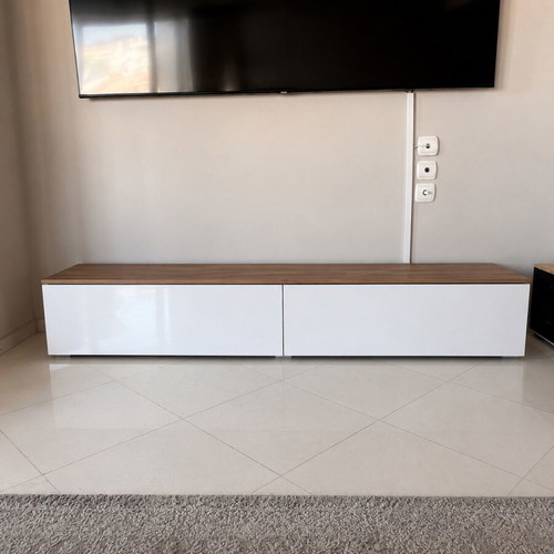 Modern TV unit with wood-effect top and white base
