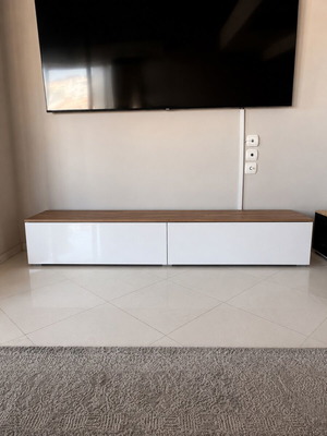 Modern TV unit with wood-effect top and white base