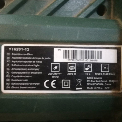 Electric blower vacuum YT6201-13 used with bag and 15-meter extension cord