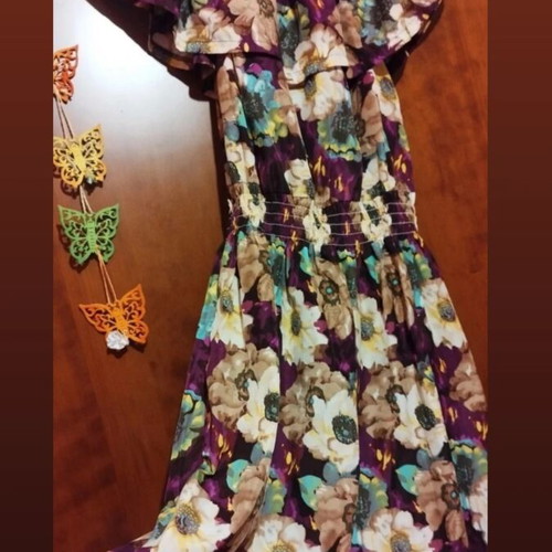 Floral mini dress used, purple, elastic waist, size XL