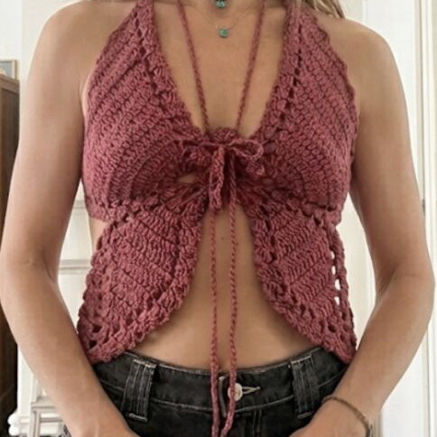 Boho Crochet Top size S new, cotton, pink