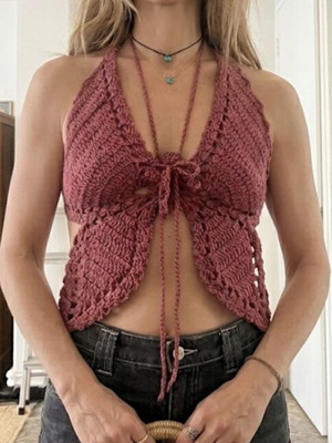 Boho Crochet Top size S new, cotton, pink