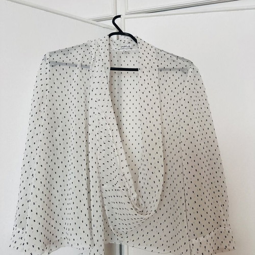 White wrap top with subtle polka dot pattern, like new
