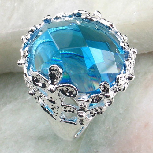 Fashion 925 silver ring with blue topaz colour crystal new