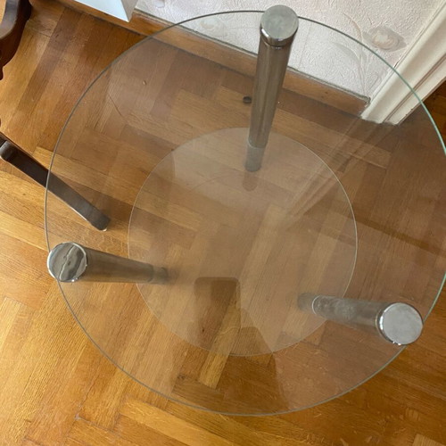 Round side table with glass surfaces and metal legs like new