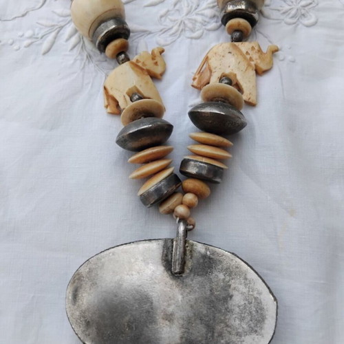 Vintage Ethnic Boho Necklace carved from bovine bone, used
