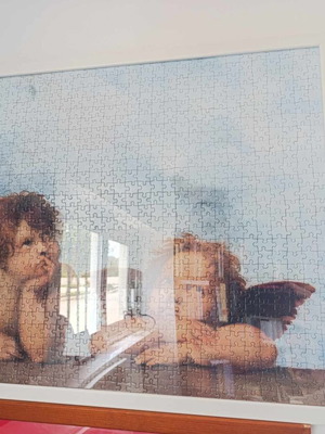 Two Cherubs puzzle by Raffaello like new, handmade in white frame