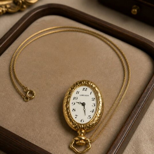 Vintage Gamundia Wind-Up Pocket Watch Pendant used, gold color