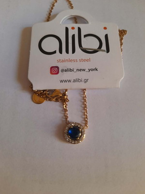 Alibi necklace pendant new, gold and blue