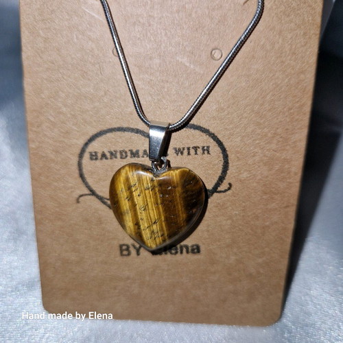 Handmade heart necklace with natural tiger eye stone and silver chain new