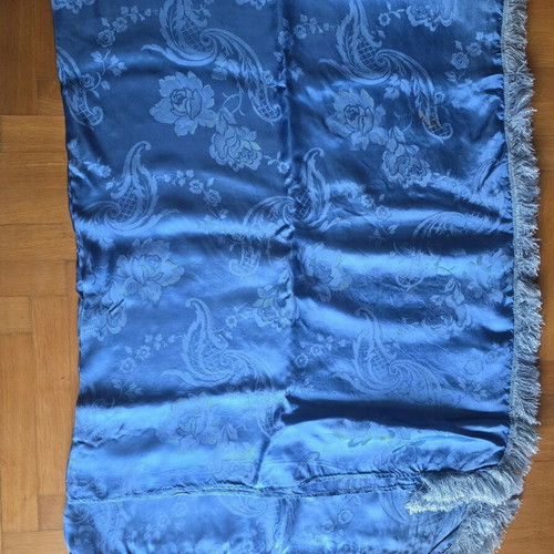 Vintage blue satin bedspread with fringes, used