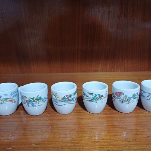 Loumidis Papagalos coffee cups set of 6 with D. Mytaras prints, new